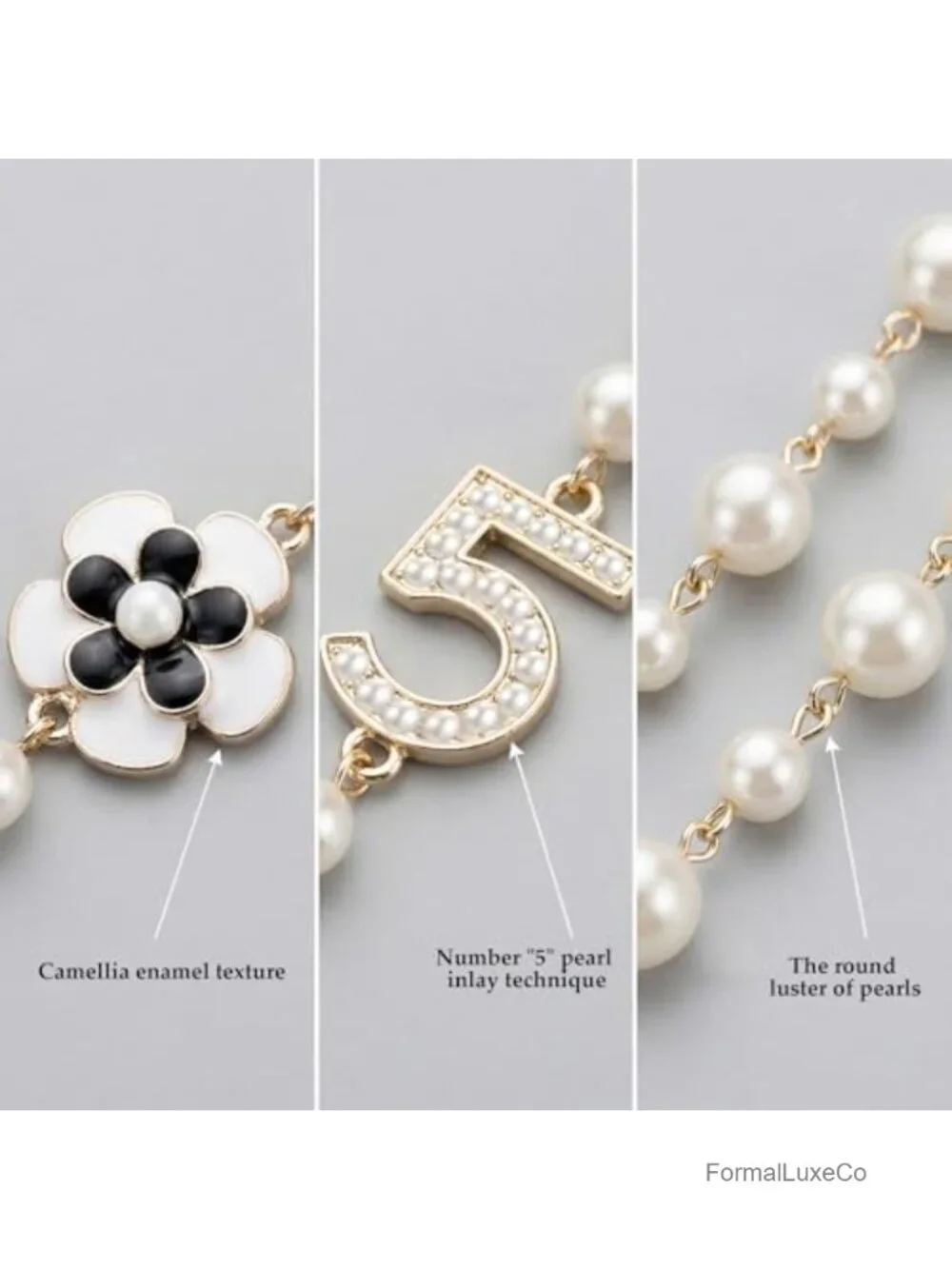 Vintage Layered Faux Pearl Necklace with Camellia Flower & Number 5 Charm